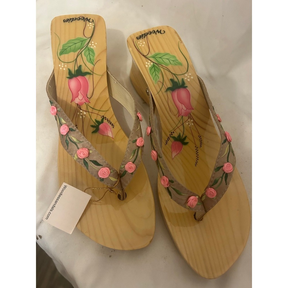 Woodies Hand-Painted Floral Wooden Wedge Sandals